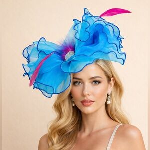 Kentucky Derby Hat Fascinator Organza Bow Blue Pink Feathers Statement Headband